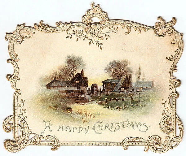 Country farming scene on a Christmas card