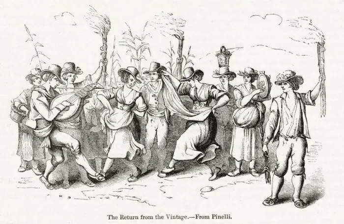 Framed Print : Country people dancing on return from the vintage, Italy Framed Print : Country people dancing on return from the vintage, Italy