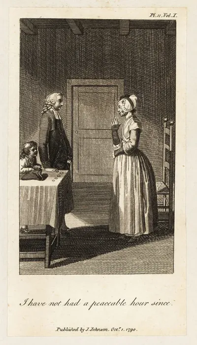 Framed Print : A country woman and a curate talking in a parlour, 18th century Framed Print : A country woman and a curate talking in a parlour, 18th century
