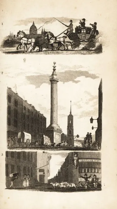 Framed Print : Countrymen on a stage coach, the Monument and Pie Corner Framed Print : Countrymen on a stage coach, the Monument and Pie Corner