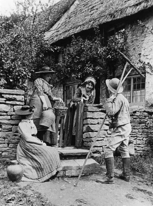 Framed Print : Countrywomen and man flirting, 1890s Framed Print : Countrywomen and man flirting, 1890s