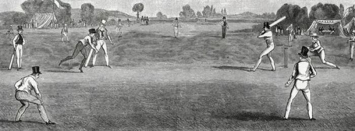 Framed Print : A county cricket match in progress in costumes of the period Framed Print : A county cricket match in progress in costumes of the period