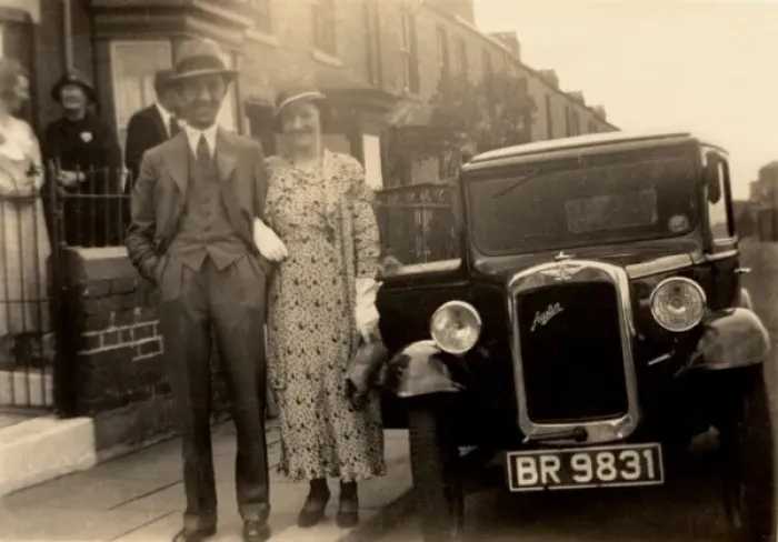 Framed Print : Couple and their Austin 7 Saloon Framed Print : Couple and their Austin 7 Saloon