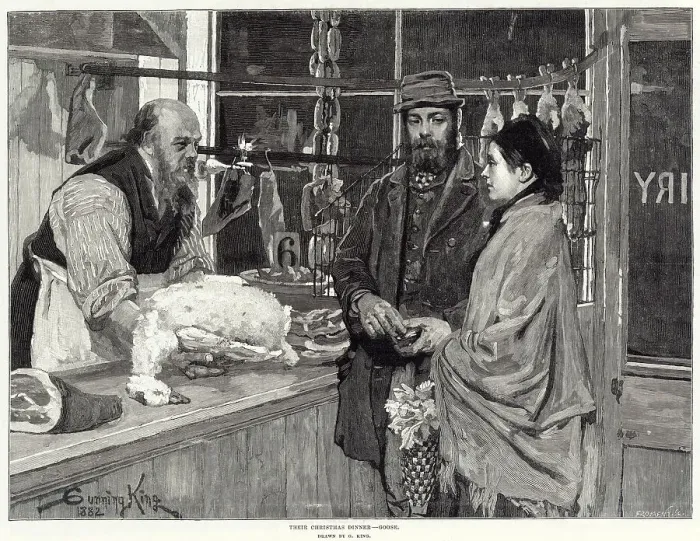 Framed Print : Couple in a butchers buying a goose for their Christmas dinner. Date: 1882 Framed Print : Couple in a butchers buying a goose for their Christmas dinner. Date: 1882