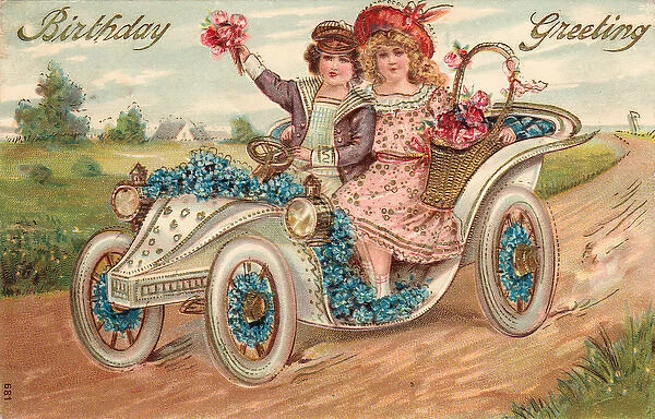 Couple in a car on a birthday postcard