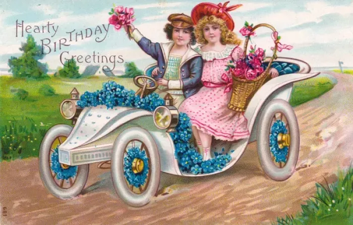 Framed Print : Couple in a car on a birthday postcard Framed Print : Couple in a car on a birthday postcard