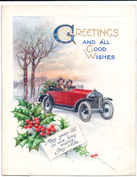 Couple in a car on a Christmas card