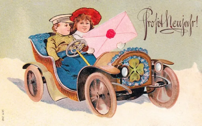 Framed Print : Couple in a car on a German New Year postcard Framed Print : Couple in a car on a German New Year postcard