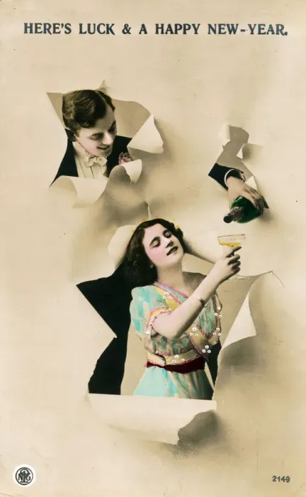 Framed Print : Couple with champagne on a New Year postcard