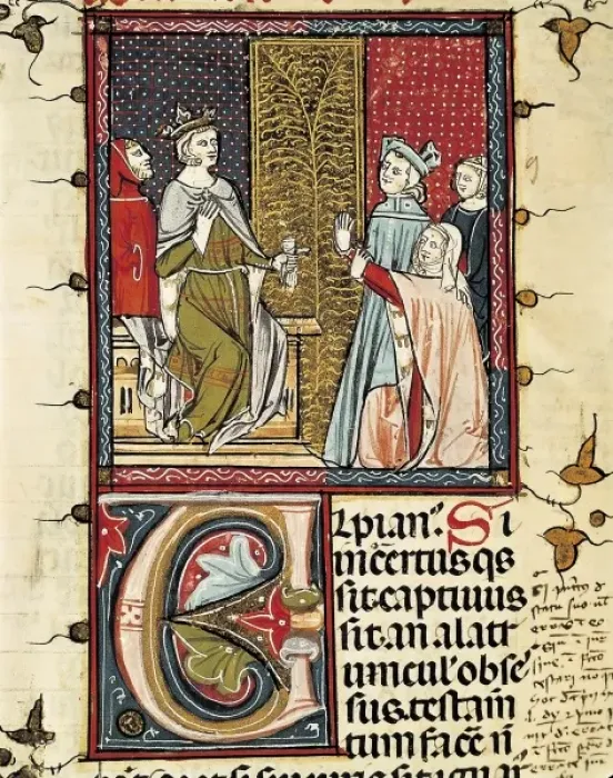 Framed Print : A couple claims justice before the king (14th c Framed Print : A couple claims justice before the king (14th c