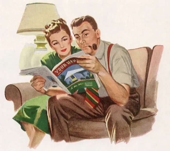 Framed Print : Couple on Couch Date: 1950 Framed Print : Couple on Couch Date: 1950