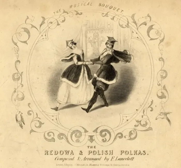 Framed Print : Couple dancing the polka on a music sheet Framed Print : Couple dancing the polka on a music sheet