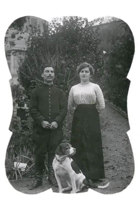 Framed Print : Couple with a dog in a garden, Lyons, France Framed Print : Couple with a dog in a garden, Lyons, France