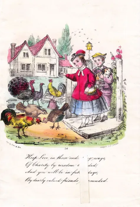 Framed Print : Couple feeding poultry on a greetings card Framed Print : Couple feeding poultry on a greetings card