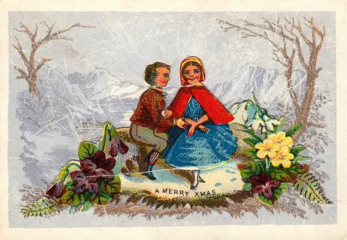 Framed Print : Couple with flowers on a Christmas card Framed Print : Couple with flowers on a Christmas card