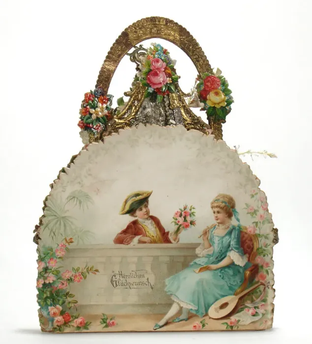 Framed Print : Couple with flowers on a German greetings card Framed Print : Couple with flowers on a German greetings card