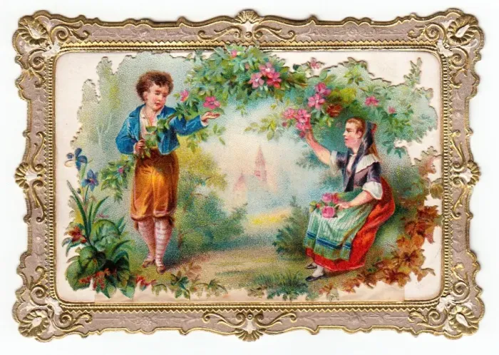 Framed Print : Couple in a garden on a greetings card Framed Print : Couple in a garden on a greetings card