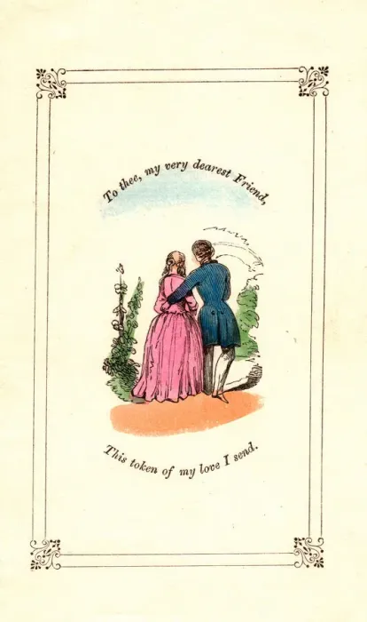Framed Print : Couple in a garden on a Valentine card Framed Print : Couple in a garden on a Valentine card
