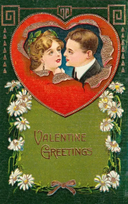 Framed Print : Couple with heart and daisies on a Valentine postcard Framed Print : Couple with heart and daisies on a Valentine postcard