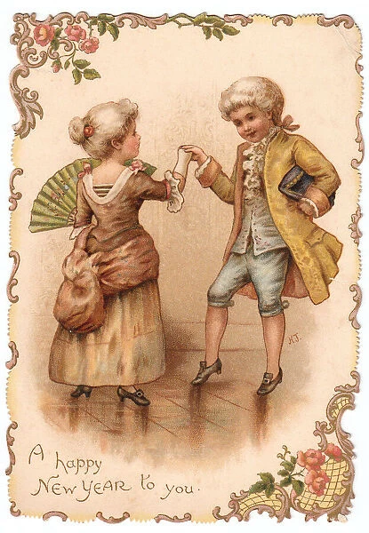 Couple in historical costume dancing on a New Year card