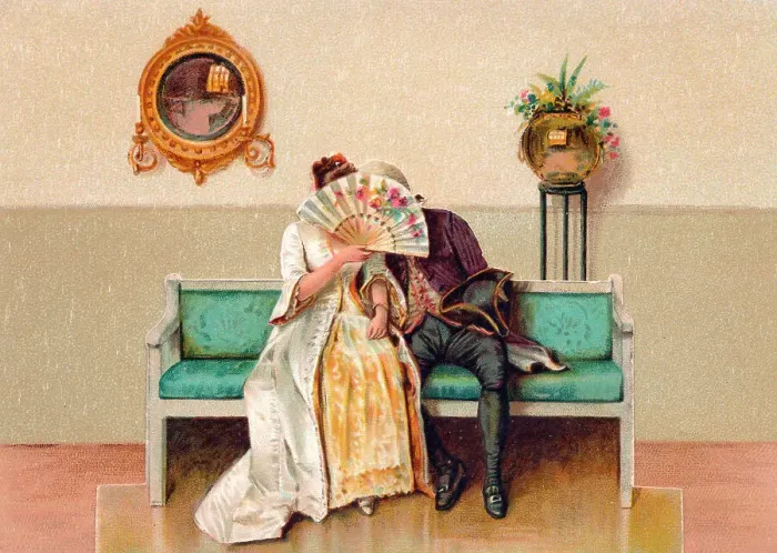 Framed Print : Couple in historical costume on a greetings card Framed Print : Couple in historical costume on a greetings card