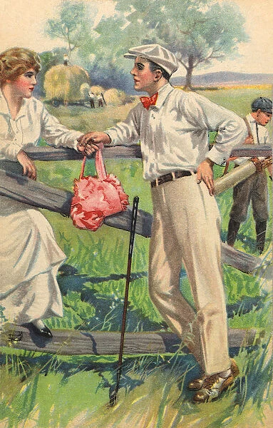 Couple lean on a fence at the golf course Date: 1910