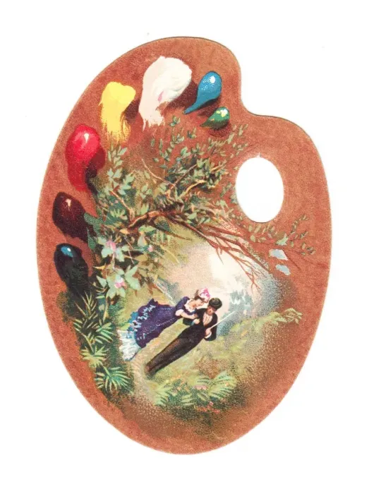 Framed Print : Couple on a palette-shaped greetings card Framed Print : Couple on a palette-shaped greetings card