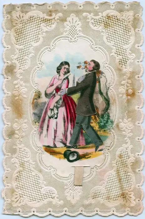 Framed Print : Couple on a paper lace romantic card with pull tab Framed Print : Couple on a paper lace romantic card with pull tab