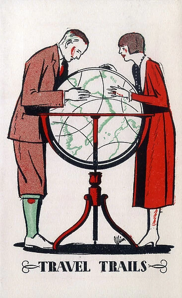 A couple plan their dream travel trip using a large globe