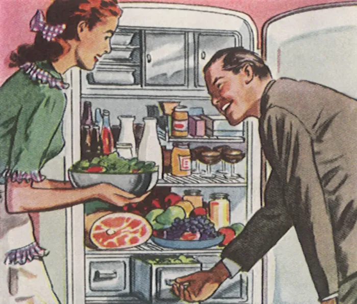 Framed Print : Couple at Refrigerator Date: 1948 Framed Print : Couple at Refrigerator Date: 1948