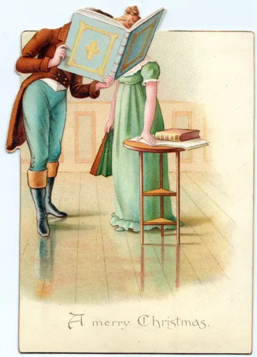 Framed Print : Couple in Regency costume on a Christmas card Framed Print : Couple in Regency costume on a Christmas card