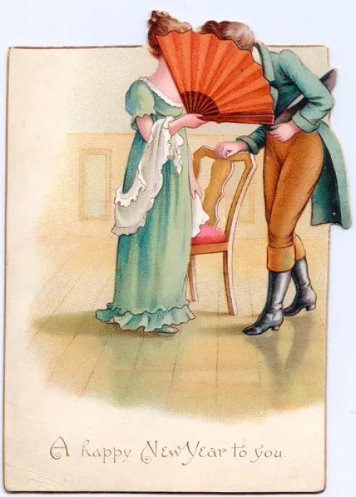 Framed Print : Couple in Regency costume on a New Year card Framed Print : Couple in Regency costume on a New Year card