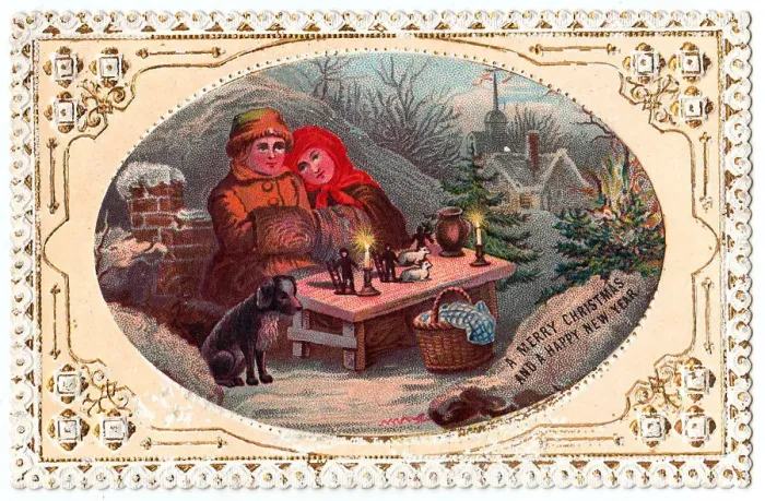 Framed Print : Couple in the snow on a Christmas and New Year card Framed Print : Couple in the snow on a Christmas and New Year card