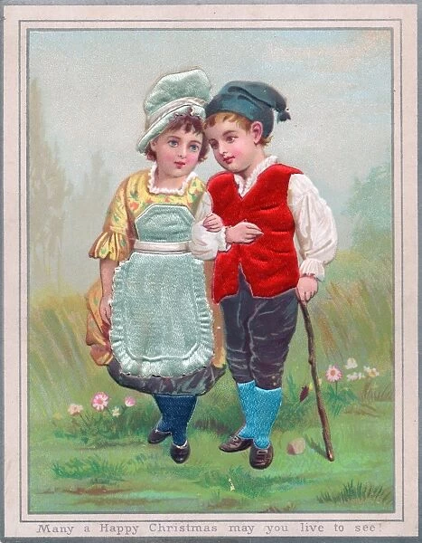 Couple in traditional costume on a fabric Christmas card