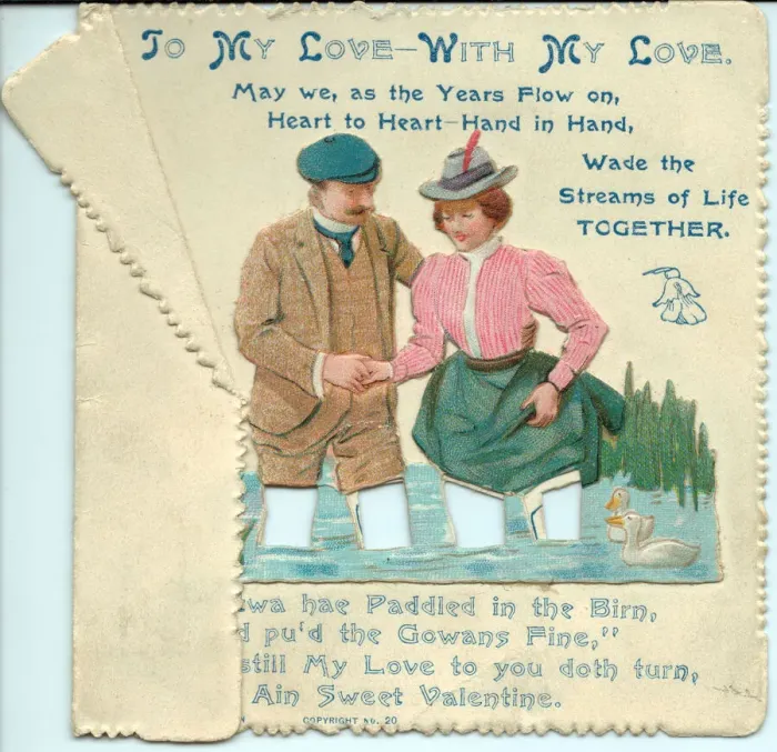 Framed Print : Couple wading through water on a Valentine card Framed Print : Couple wading through water on a Valentine card