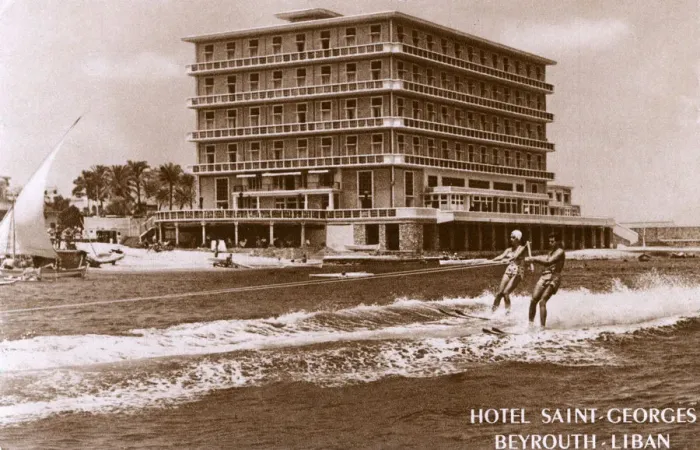 Framed Print : Couple water skiing passed the Hotel Saint Georges, Beirut Framed Print : Couple water skiing passed the Hotel Saint Georges, Beirut