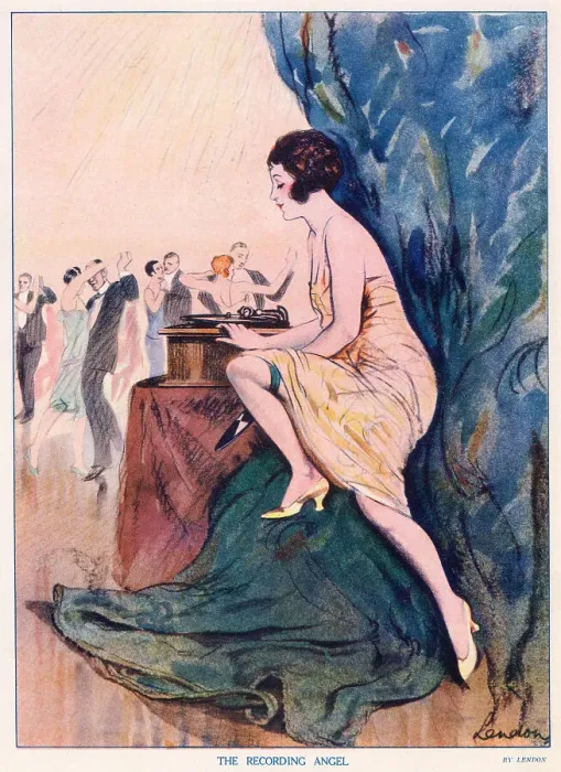 Framed Print : Couples enjoying the music in a dance hall, while a lady changes the vinyl record. Date: 1926 Framed Print : Couples enjoying the music in a dance hall, while a lady changes the vinyl record. Date: 1926