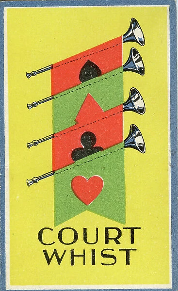 Court Whist playing cards scorecard, royal fanfare trumpets
