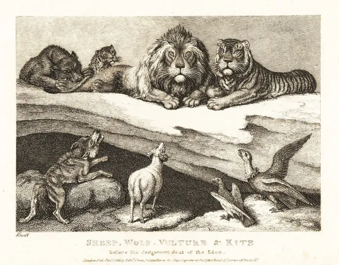 Framed Print : A courtcase between animals, with lion and tiger as judges Framed Print : A courtcase between animals, with lion and tiger as judges