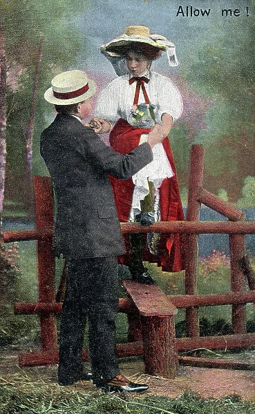 Courteous Gent assists a young lady climbing over a stile