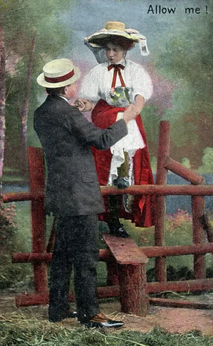 Framed Print : Courteous Gent assists a young lady climbing over a stile Framed Print : Courteous Gent assists a young lady climbing over a stile