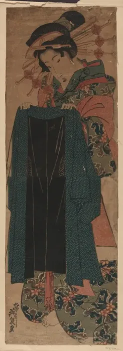Framed Print : Courtesan holding a customers coat Framed Print : Courtesan holding a customers coat