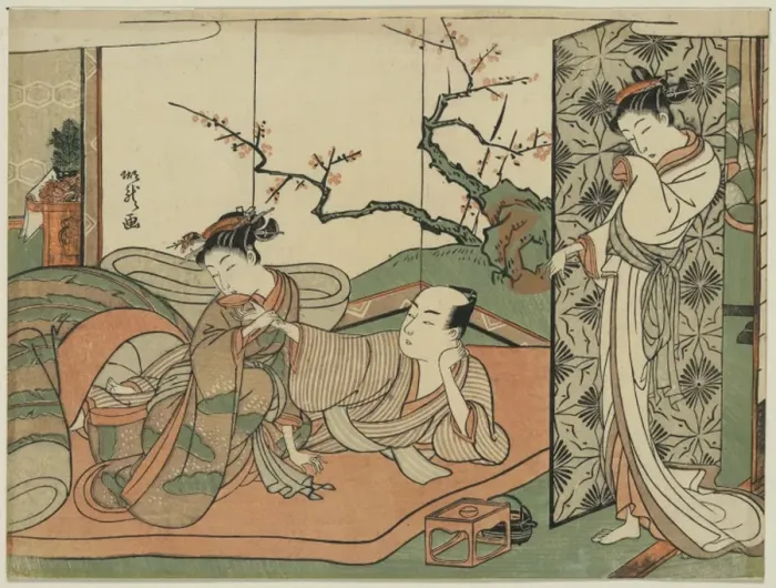 Framed Print : Courtesan watching a young apprentice in bed Framed Print : Courtesan watching a young apprentice in bed