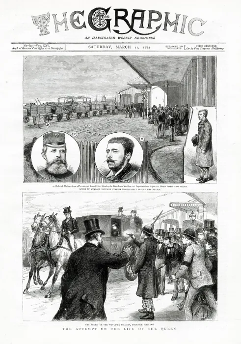 Framed Print : Front cover of The Graphic showing immediately before the attack on Queen Victoria and the attempted assassination by Roderick Maclean at Windsor railway station Framed Print : Front cover of The Graphic showing immediately before the attack on Queen Victoria and the attempted assassination by Roderick Maclean at Windsor railway station
