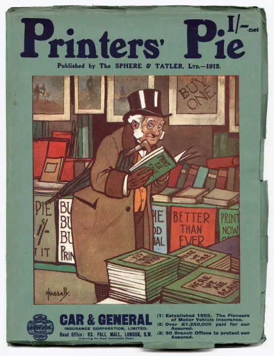 Framed Print : Front cover of Printers Pie magazine for 1915 featuring an elderly gentleman reading a Framed Print : Front cover of Printers Pie magazine for 1915 featuring an elderly gentleman reading a