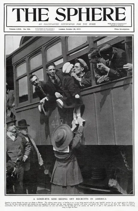 Framed Print : Front cover of The Sphere, showing recruited Americans saying good-bye to their families on the railway platform, ready for their journey across the Atlantic. Date: October 1917 Framed Print : Front cover of The Sphere, showing recruited Americans saying good-bye to their families on the railway platform, ready for their journey across the Atlantic. Date: October 1917