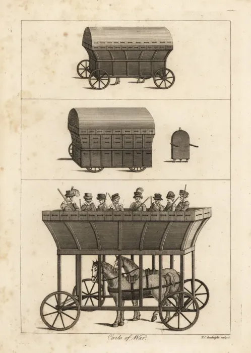 Framed Print : Covered carts of war with musketeers inside Framed Print : Covered carts of war with musketeers inside