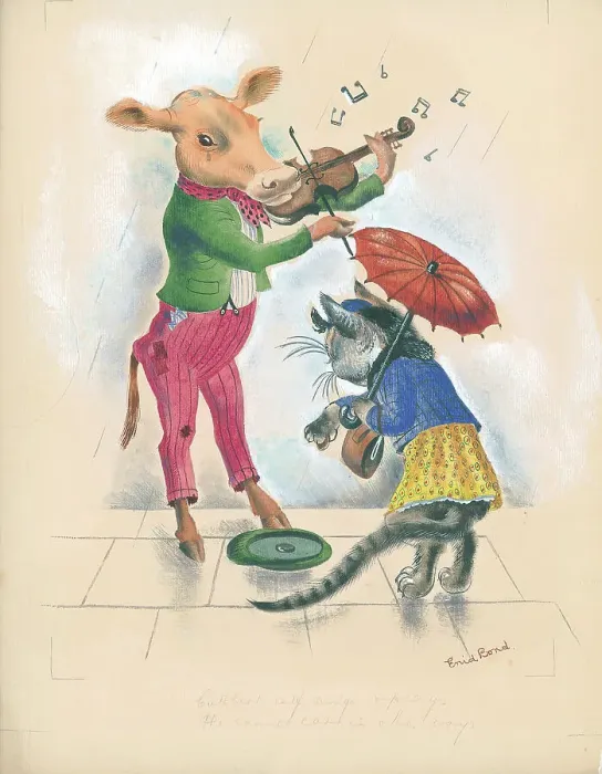 Framed Print : Cow playing violin, busking, cat putting coin in hat Framed Print : Cow playing violin, busking, cat putting coin in hat