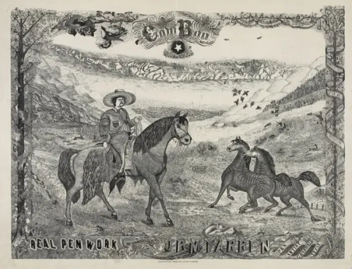 Framed Print : Cowboy. Cowboy on horseback and two other horses in foreground Framed Print : Cowboy. Cowboy on horseback and two other horses in foreground