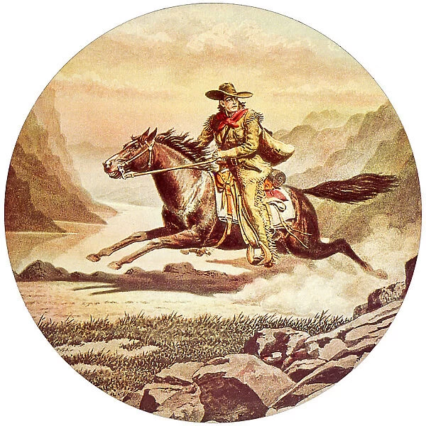 Cowboy riding on horse for the Pony Express Mail Service Date: 1859